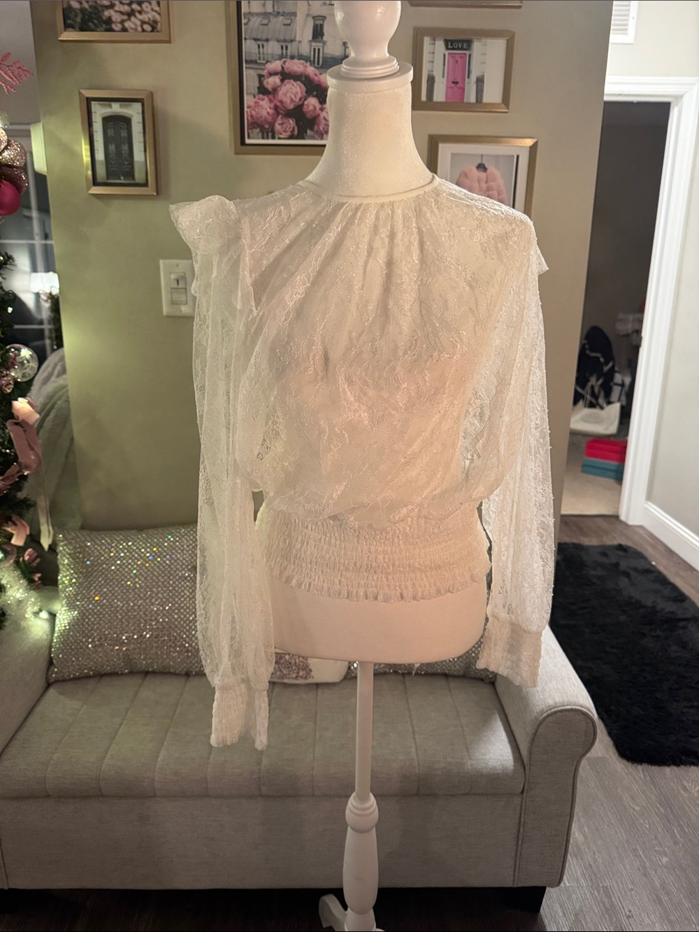 White House Black Market Sheer Lace Long-Sleeve Blouse in Cream